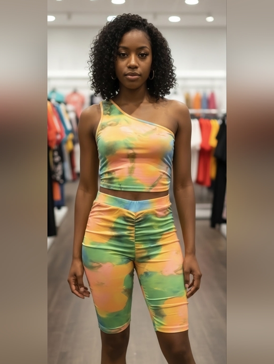 TRUE ROCK Pants - Tie-Dye One-Shoulder Crop Top & Biker Short Set - Pastel Multi